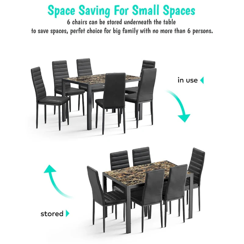 Set da pranzo da 7 pezzi con tavolo in vetro per 6 persone e sedie con schienale alto in pelle PU