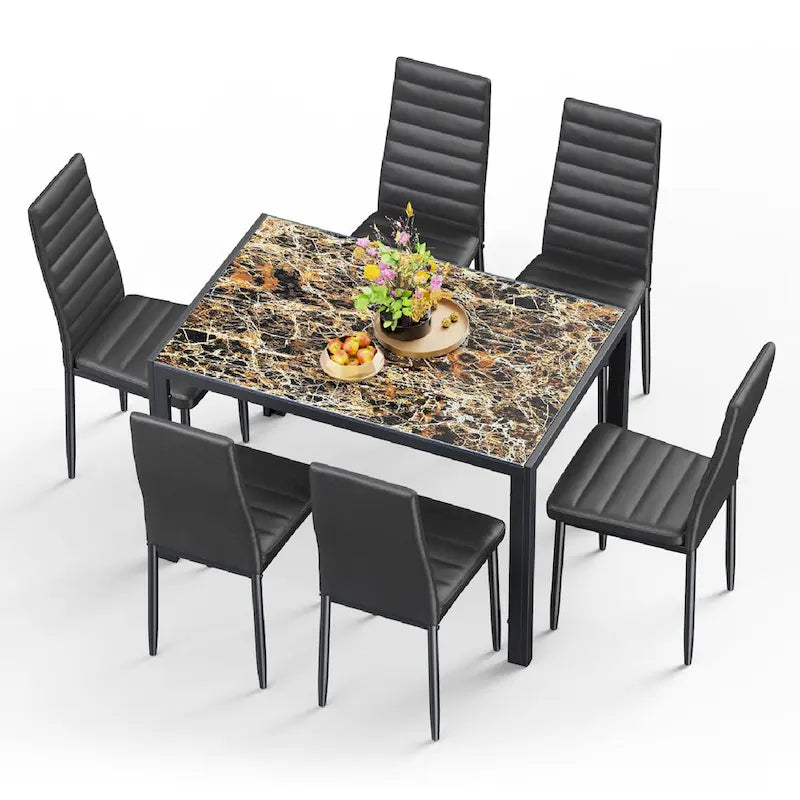 Set da pranzo da 7 pezzi con tavolo in vetro per 6 persone e sedie con schienale alto in pelle PU