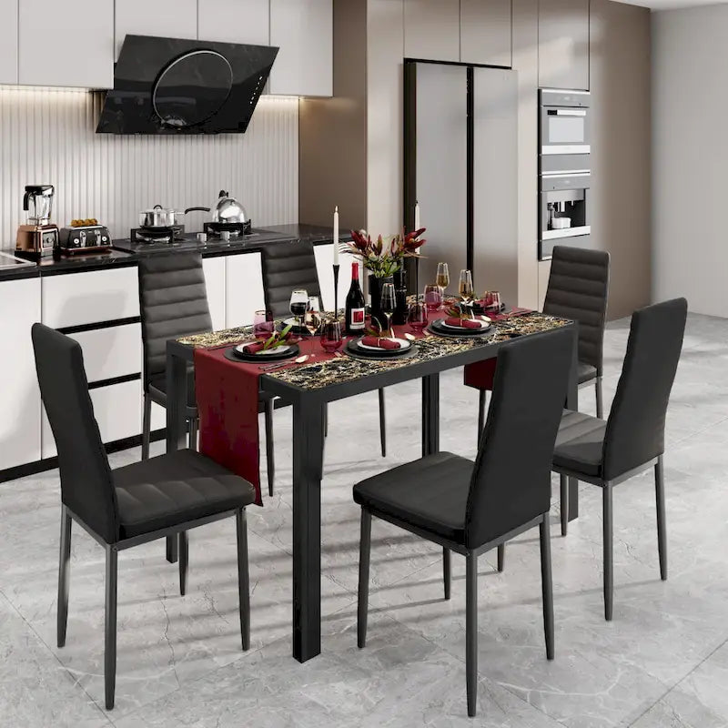 Set da pranzo da 7 pezzi con tavolo in vetro per 6 persone e sedie con schienale alto in pelle PU