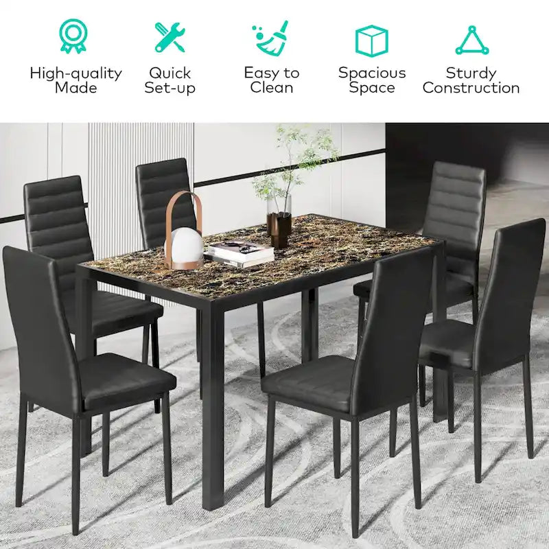 Set da pranzo da 7 pezzi con tavolo in vetro per 6 persone e sedie con schienale alto in pelle PU