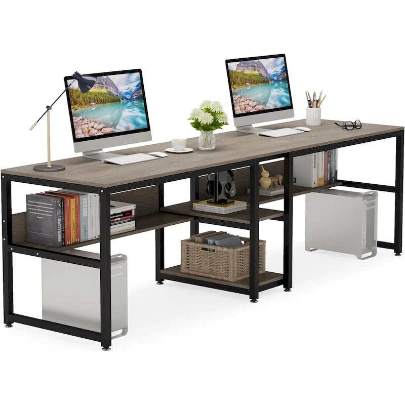 Scrivania Doppia con Libreria, Scrivania da Ufficio per Due Persone 78,7"