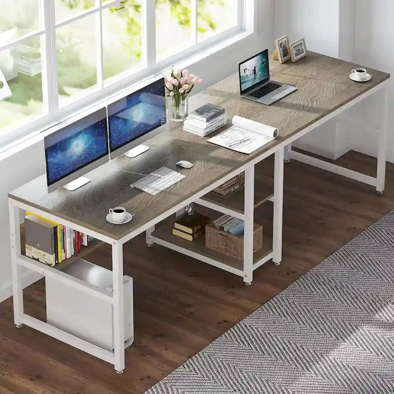 Scrivania Doppia con Libreria, Scrivania da Ufficio per Due Persone 78,7"