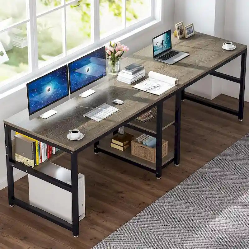 Scrivania Doppia con Libreria, Scrivania da Ufficio per Due Persone 78,7"