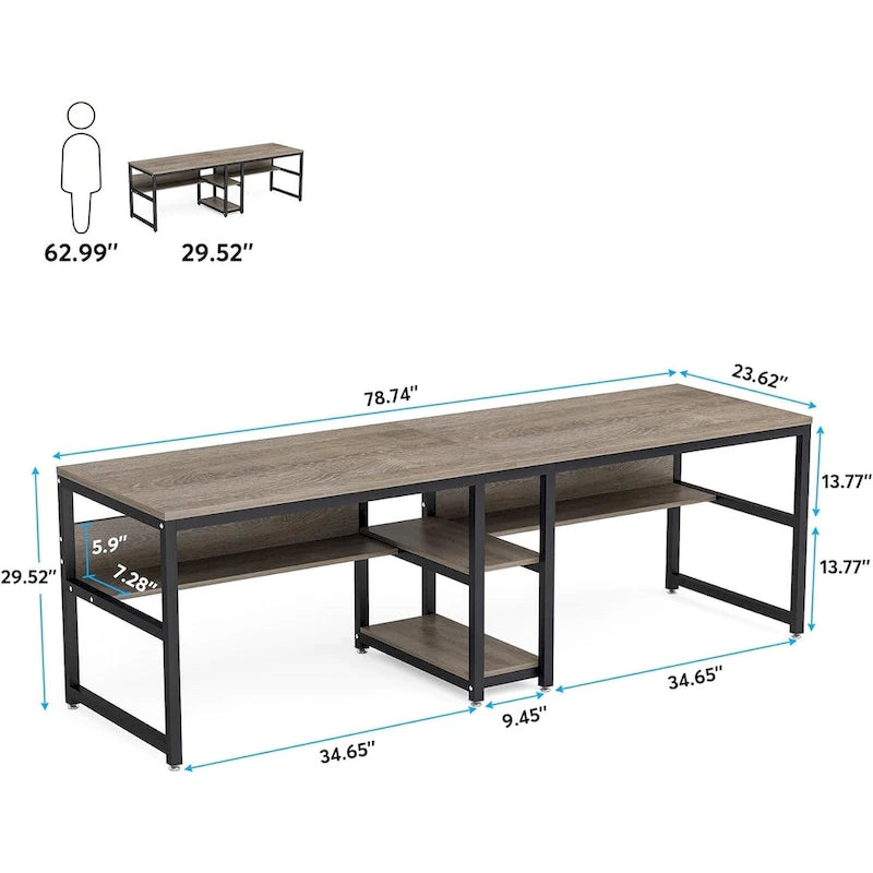 Scrivania Doppia con Libreria, Scrivania da Ufficio per Due Persone 78,7"