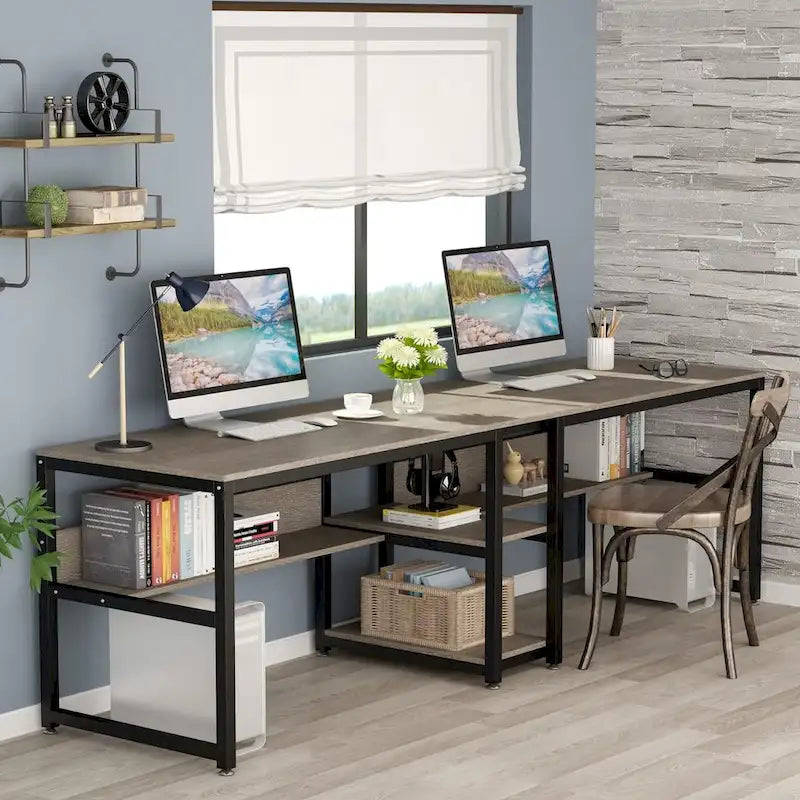Scrivania Doppia con Libreria, Scrivania da Ufficio per Due Persone 78,7"