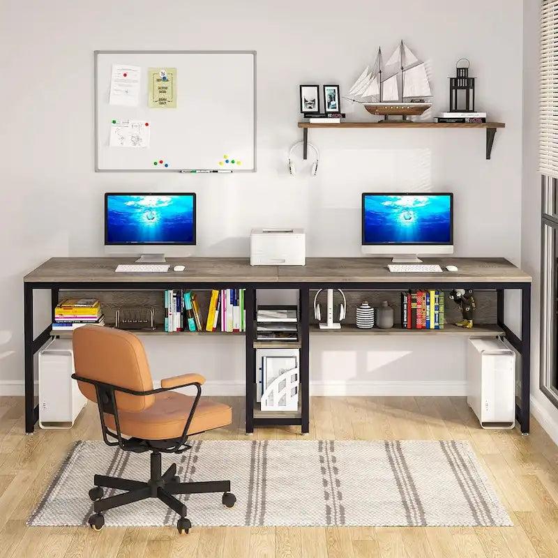 Scrivania Doppia con Libreria, Scrivania da Ufficio per Due Persone 78,7"