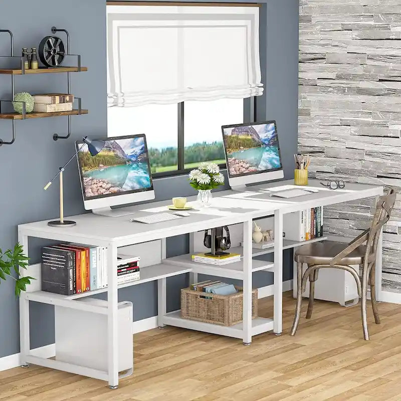 Scrivania Doppia con Libreria, Scrivania da Ufficio per Due Persone 78,7"