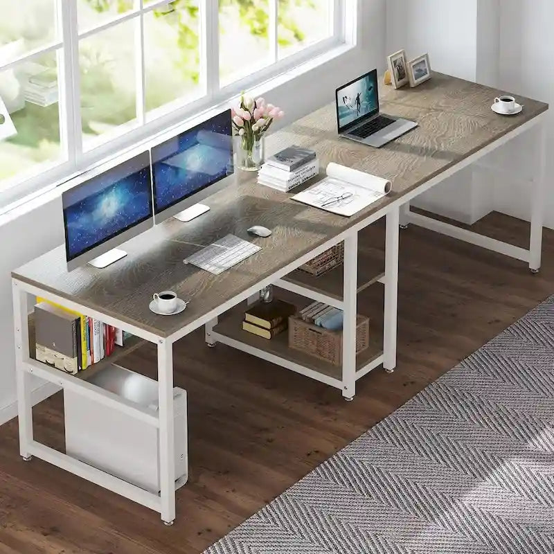 Scrivania Doppia con Libreria, Scrivania da Ufficio per Due Persone 78,7"