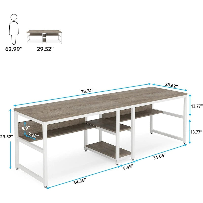 Scrivania Doppia con Libreria, Scrivania da Ufficio per Due Persone 78,7"