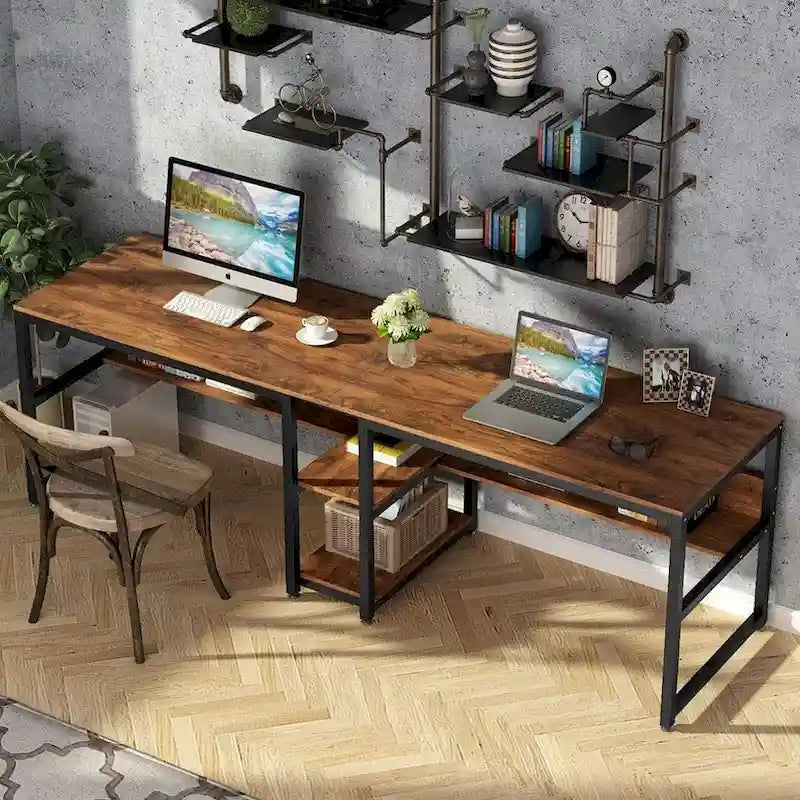 Scrivania Doppia con Libreria, Scrivania da Ufficio per Due Persone 78,7"