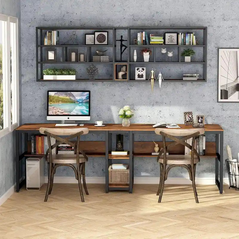 Scrivania Doppia con Libreria, Scrivania da Ufficio per Due Persone 78,7"
