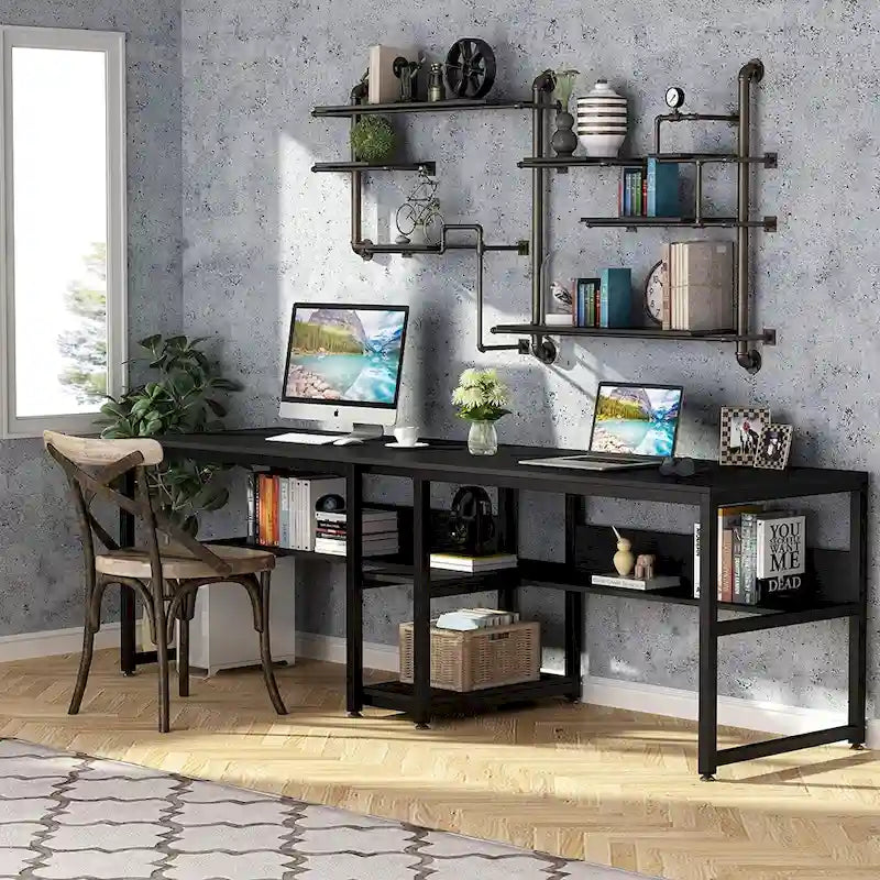 Scrivania Doppia con Libreria, Scrivania da Ufficio per Due Persone 78,7"