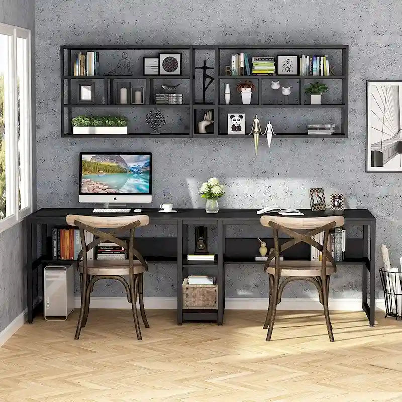 Scrivania Doppia con Libreria, Scrivania da Ufficio per Due Persone 78,7"