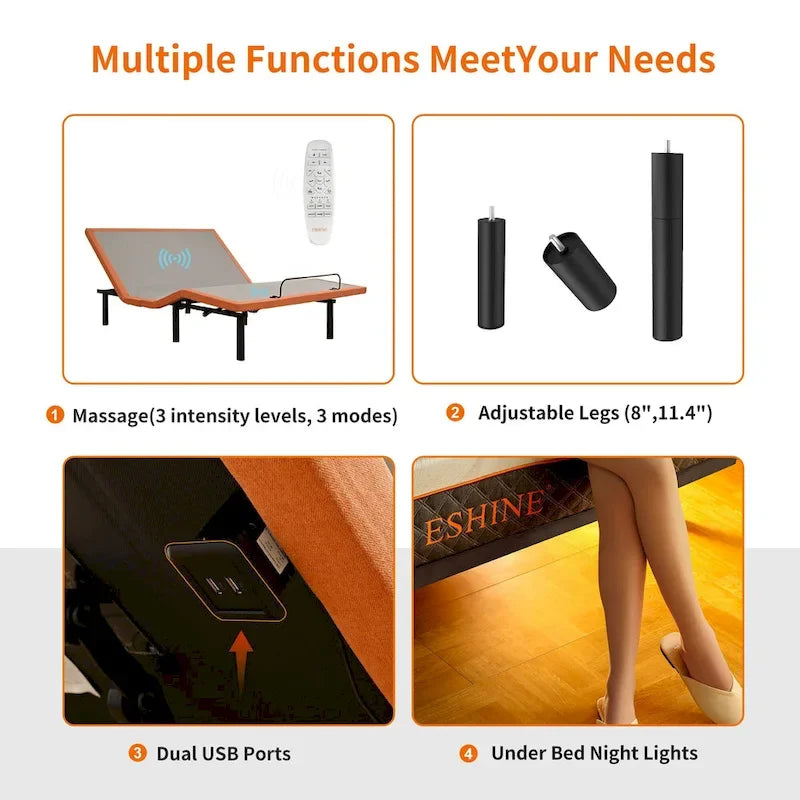 Base letto regolabile con massaggio, telecomando wireless e porte USB