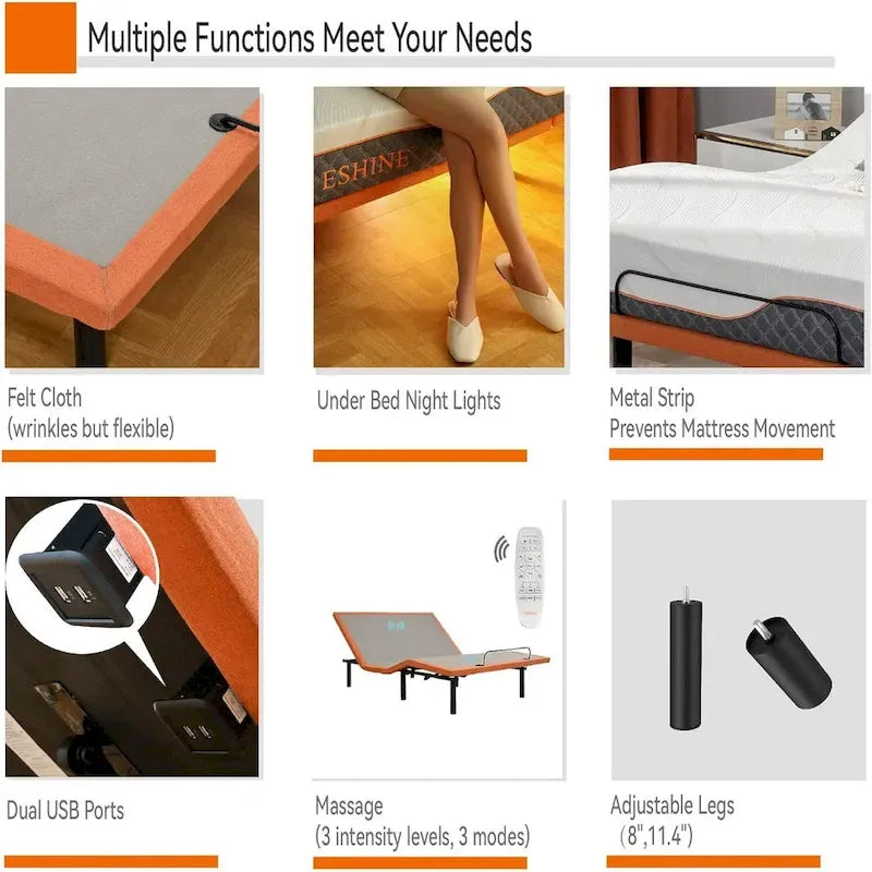 Base letto regolabile con massaggio, telecomando wireless e porte USB