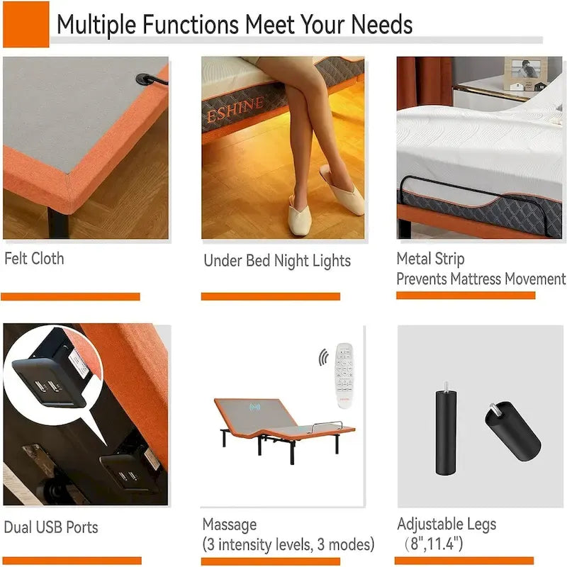 Base letto regolabile con massaggio, telecomando wireless e porte USB