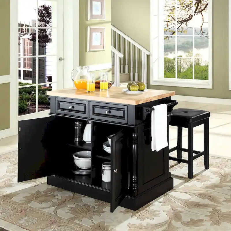 Isola da Cucina con Piano in Legno Massello Finitura Nera con Sgabelli - 47,75 L x 23 P x 35,75 A
