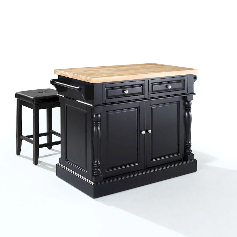 Isola da Cucina con Piano in Legno Massello Finitura Nera con Sgabelli - 47,75 L x 23 P x 35,75 A