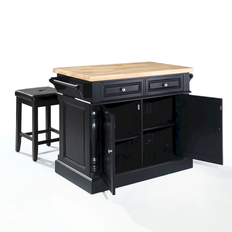 Isola da Cucina con Piano in Legno Massello Finitura Nera con Sgabelli - 47,75 L x 23 P x 35,75 A