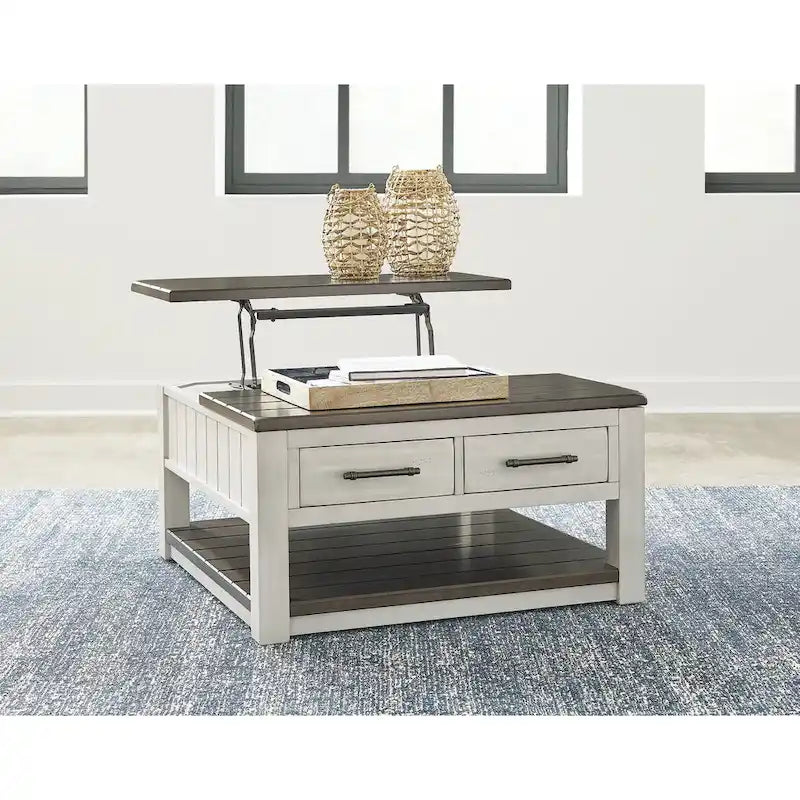 Tavolino elevabile grigio/marrone rustico con cassetti e rotelle - 35,5L x 35,5P x 19,38A