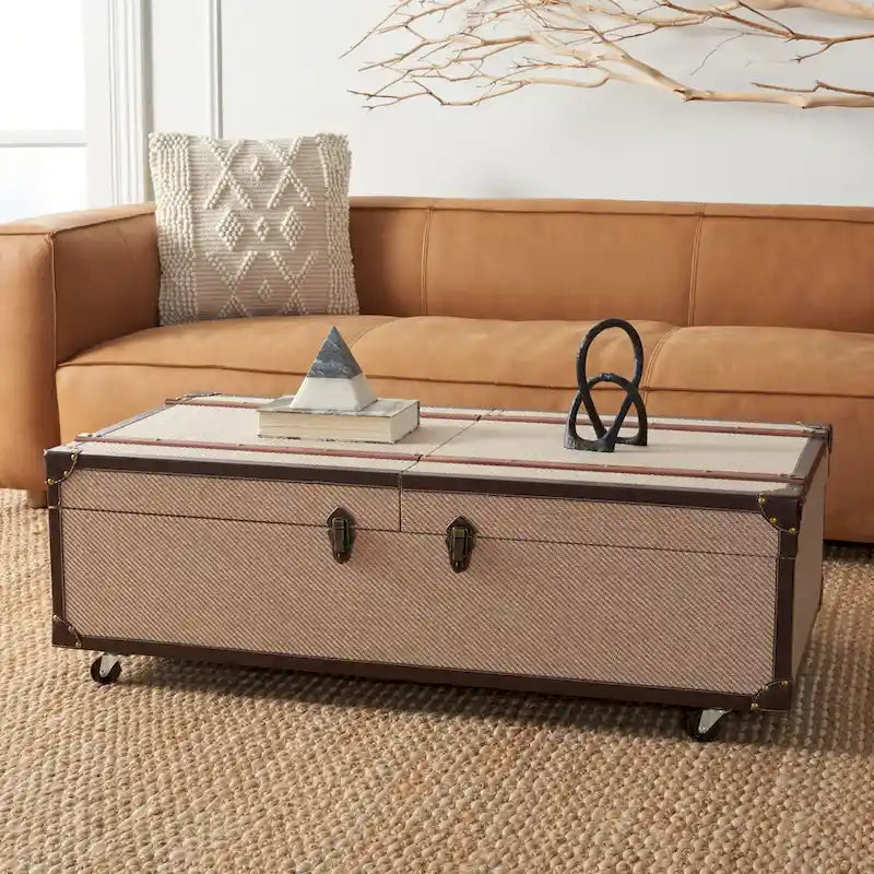 Tavolino da Salotto con Baule a Vapore Retrò con Contenitore e Portabottiglie - 119 cm L x 61 cm P x 38 cm A