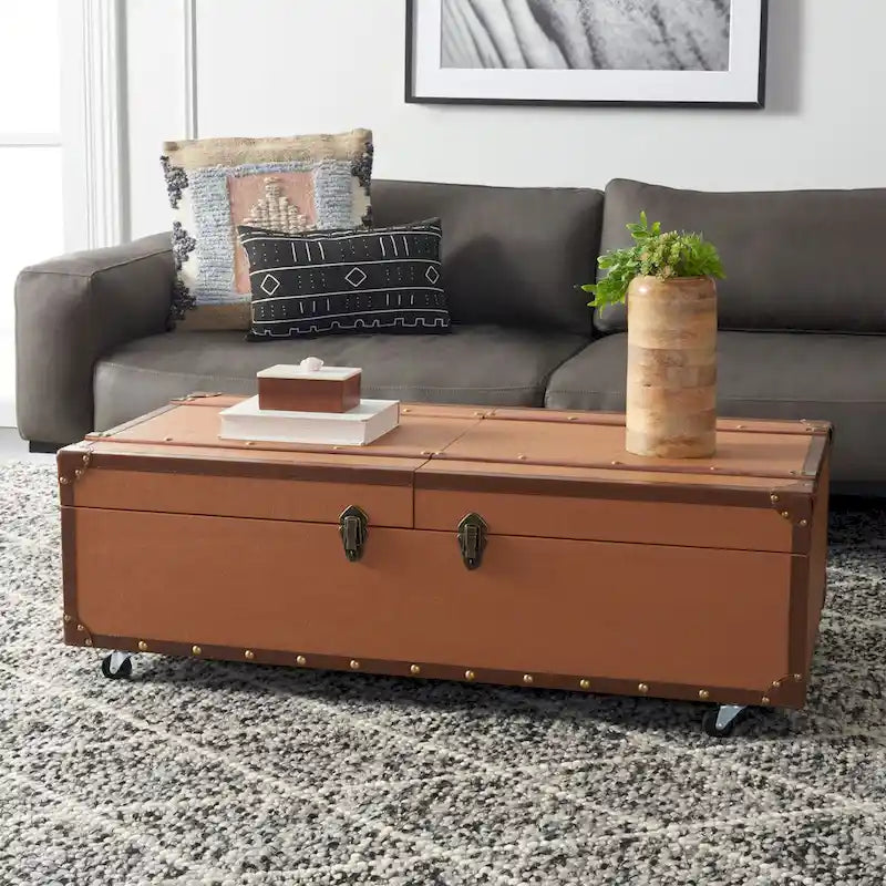 Tavolino da Salotto con Baule a Vapore Retrò con Contenitore e Portabottiglie - 119 cm L x 61 cm P x 38 cm A