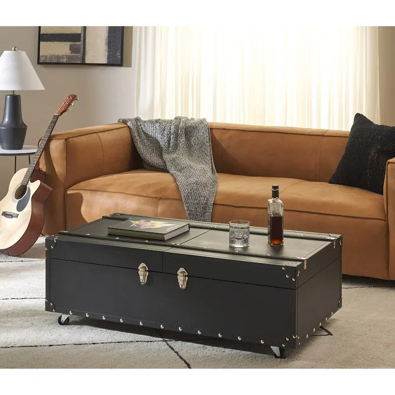 Tavolino da Salotto con Baule a Vapore Retrò con Contenitore e Portabottiglie - 119 cm L x 61 cm P x 38 cm A