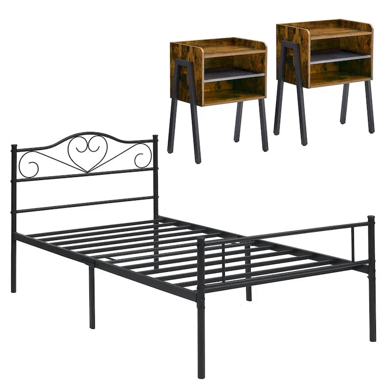 Set camera da letto 3 pezzi con letto a piattaforma nero e set di 2 comodini