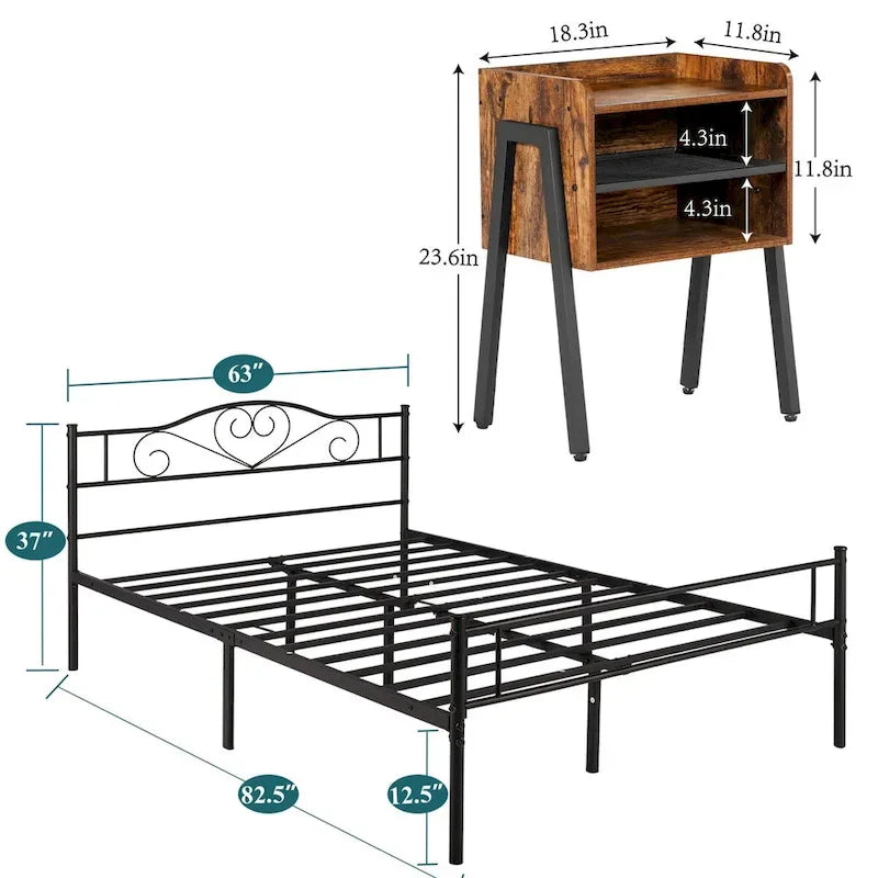Set camera da letto 3 pezzi con letto a piattaforma nero e set di 2 comodini