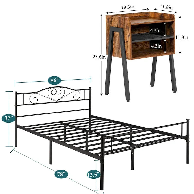Set camera da letto 3 pezzi con letto a piattaforma nero e set di 2 comodini