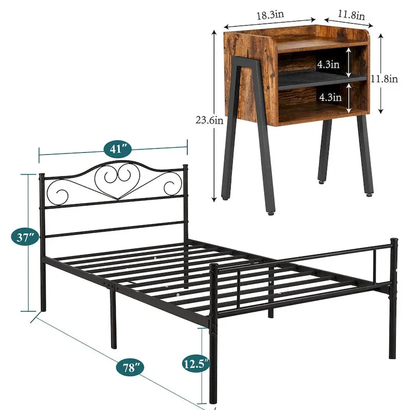 Set camera da letto 3 pezzi con letto a piattaforma nero e set di 2 comodini
