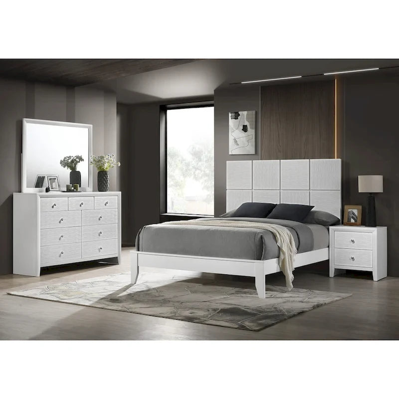 Camera da letto 4 pezzi con pannelli bianchi - Letto, comò, specchio e comodino