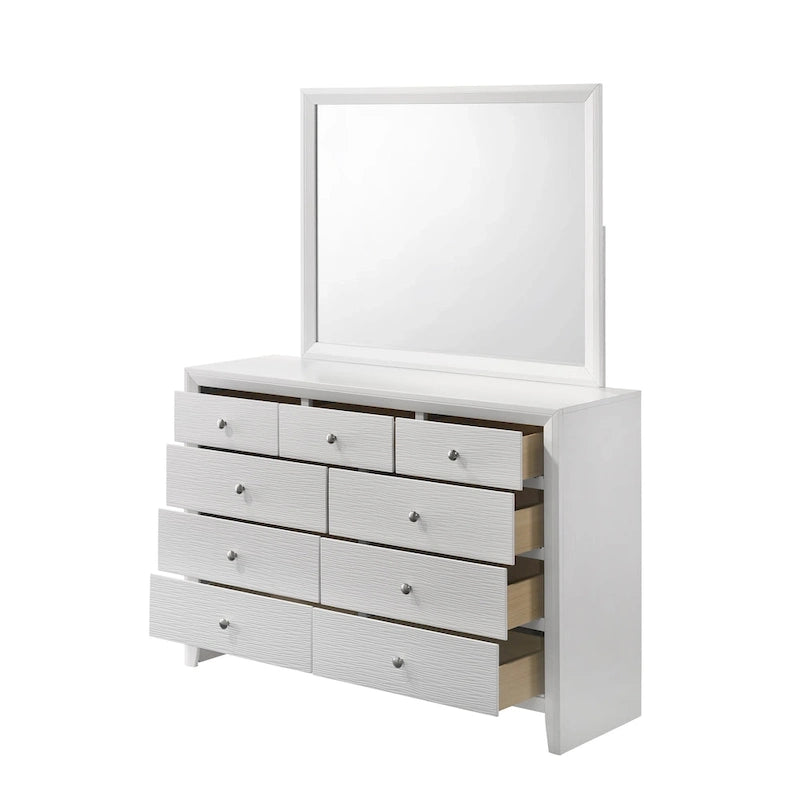 Camera da letto 4 pezzi con pannelli bianchi - Letto, comò, specchio e comodino