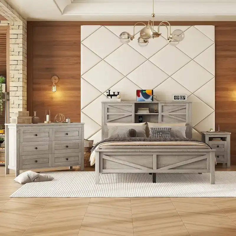 Set camera da letto 3 pezzi: Letto a piattaforma Queen Size con contenitore, comodino e cassettiera
