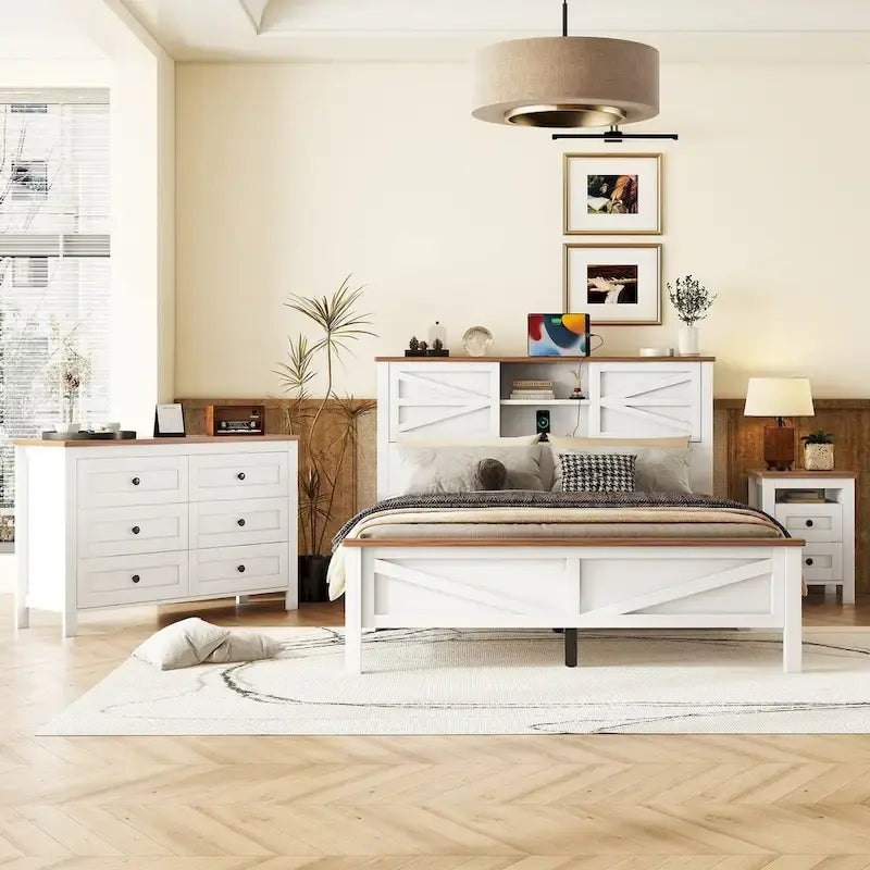 Set camera da letto 3 pezzi: Letto a piattaforma Queen Size con contenitore, comodino e cassettiera