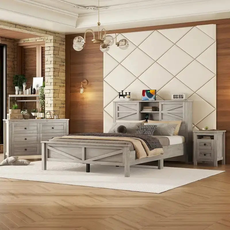 Set camera da letto 3 pezzi: Letto a piattaforma Queen Size con contenitore, comodino e cassettiera