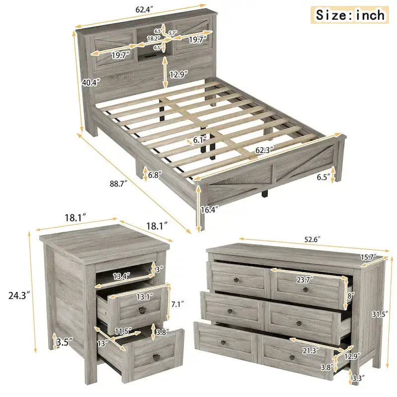Set camera da letto 3 pezzi: Letto a piattaforma Queen Size con contenitore, comodino e cassettiera