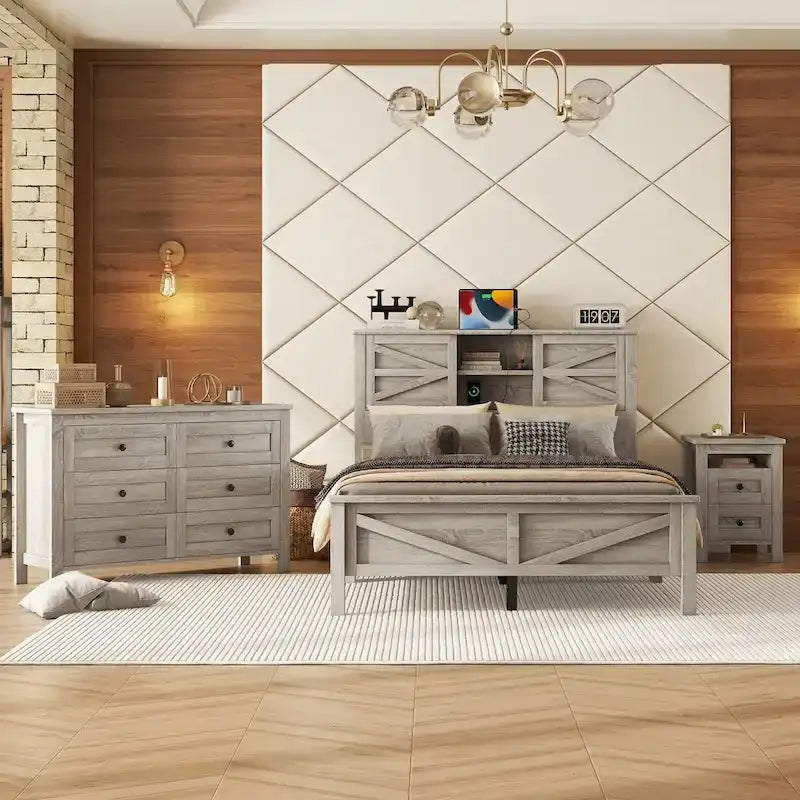 Set camera da letto 3 pezzi: Letto a piattaforma Queen Size con contenitore, comodino e cassettiera