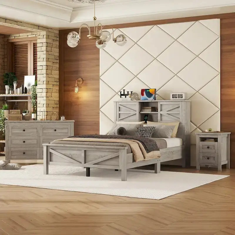 Set camera da letto 3 pezzi: Letto a piattaforma Queen Size con contenitore, comodino e cassettiera