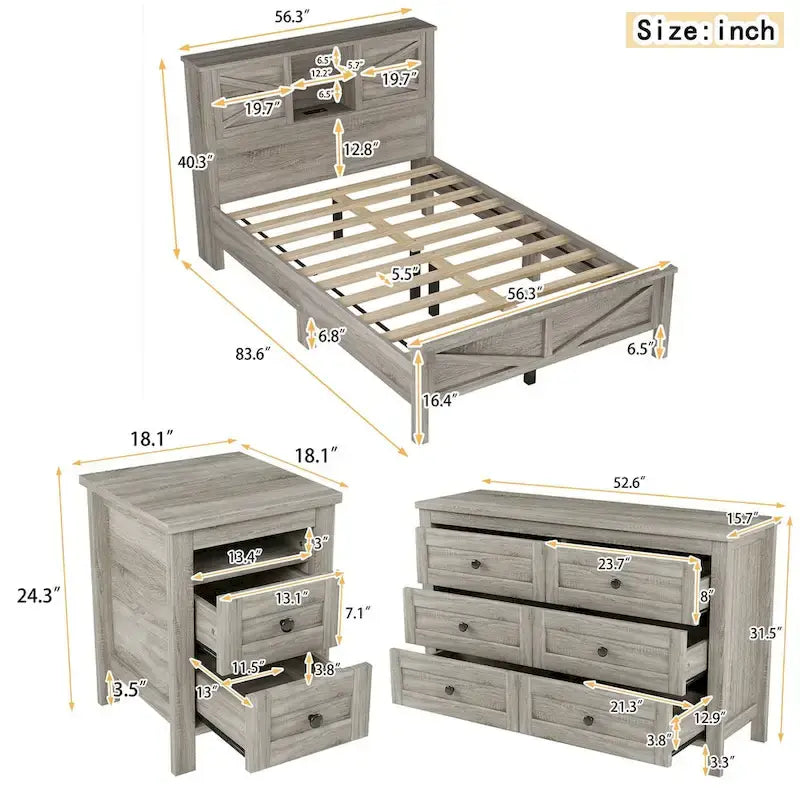 Set camera da letto 3 pezzi: Letto a piattaforma Queen Size con contenitore, comodino e cassettiera