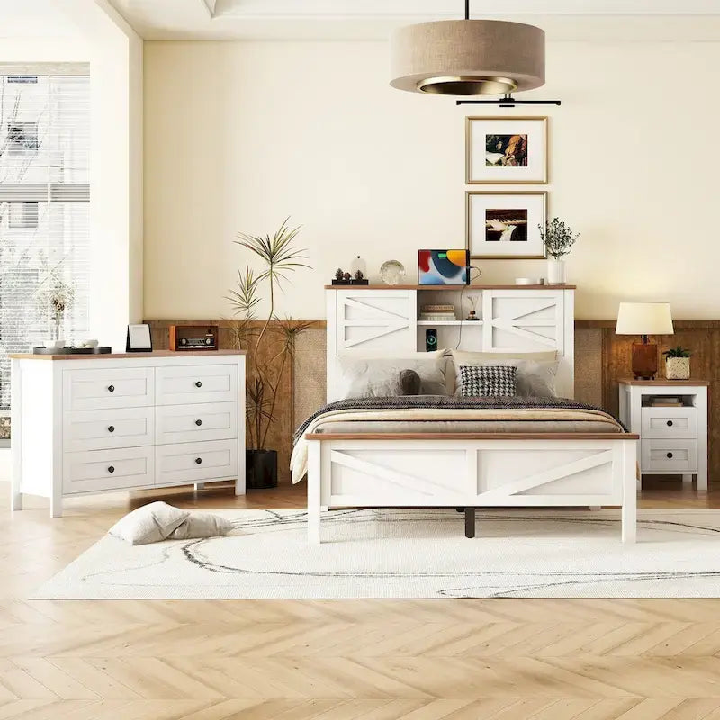 Set camera da letto 3 pezzi: Letto a piattaforma Queen Size con contenitore, comodino e cassettiera