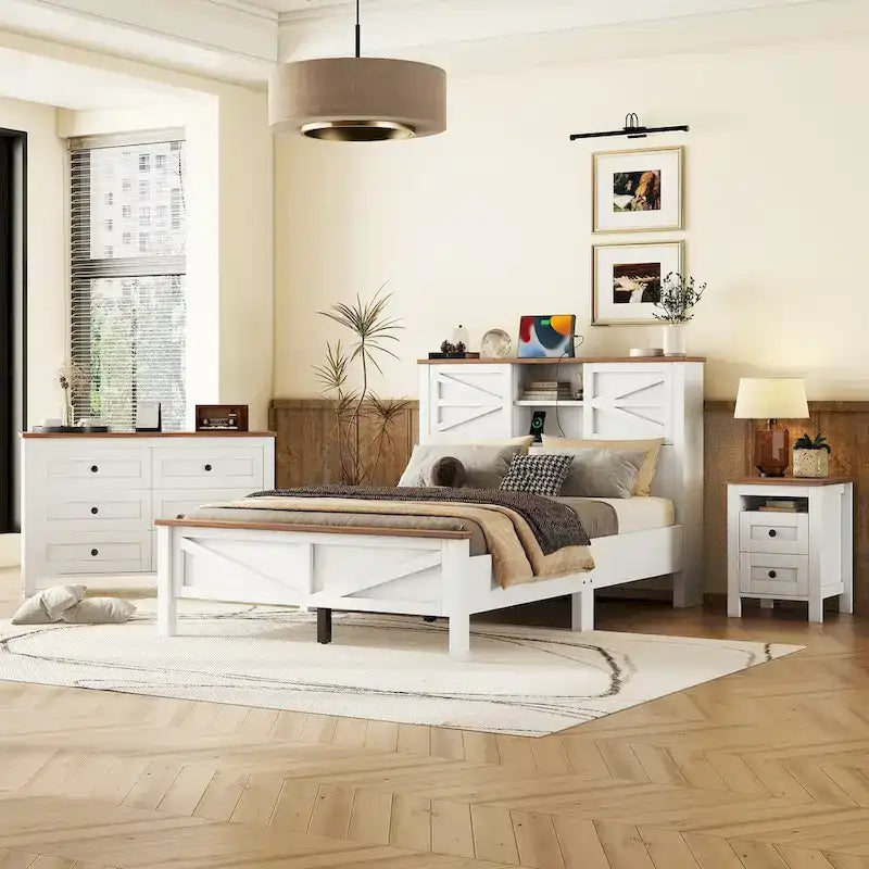 Set camera da letto 3 pezzi: Letto a piattaforma Queen Size con contenitore, comodino e cassettiera
