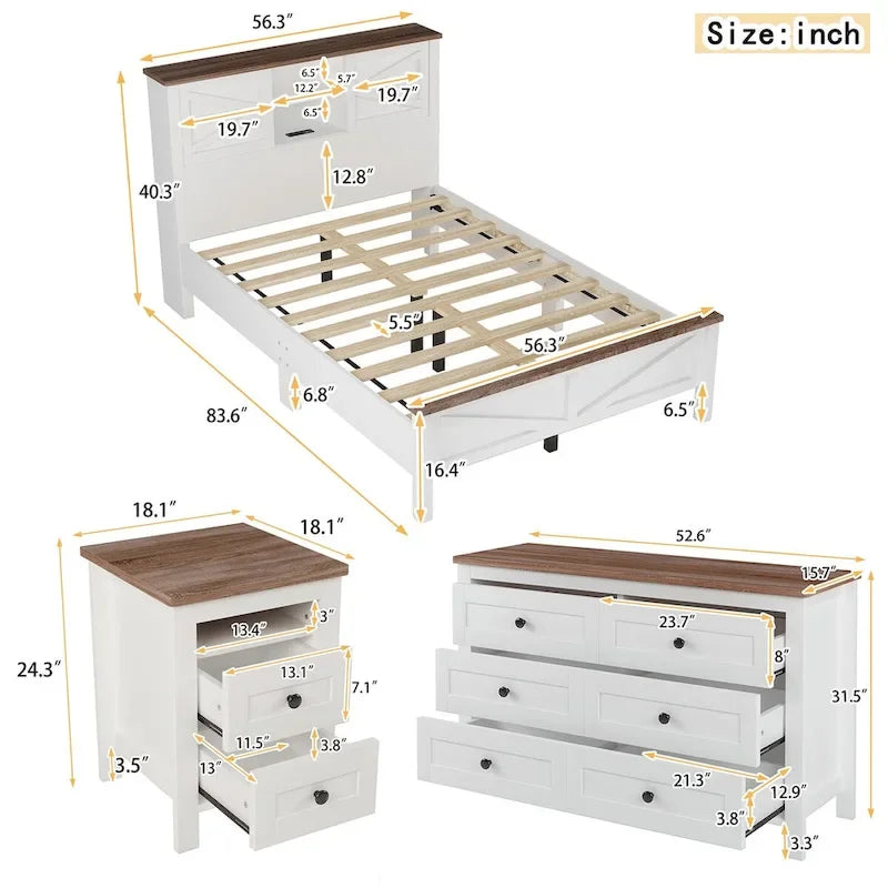 Set camera da letto 3 pezzi: Letto a piattaforma Queen Size con contenitore, comodino e cassettiera