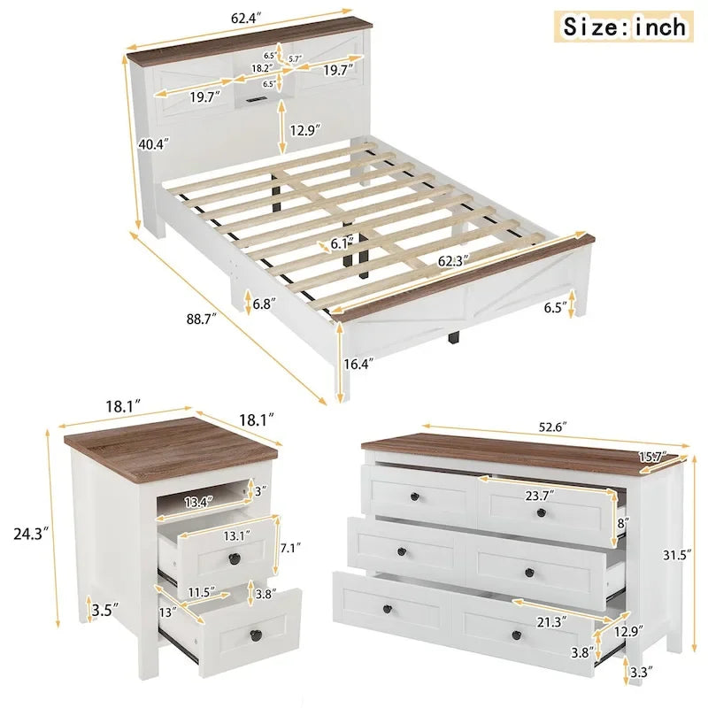 Set camera da letto 3 pezzi: Letto a piattaforma Queen Size con contenitore, comodino e cassettiera