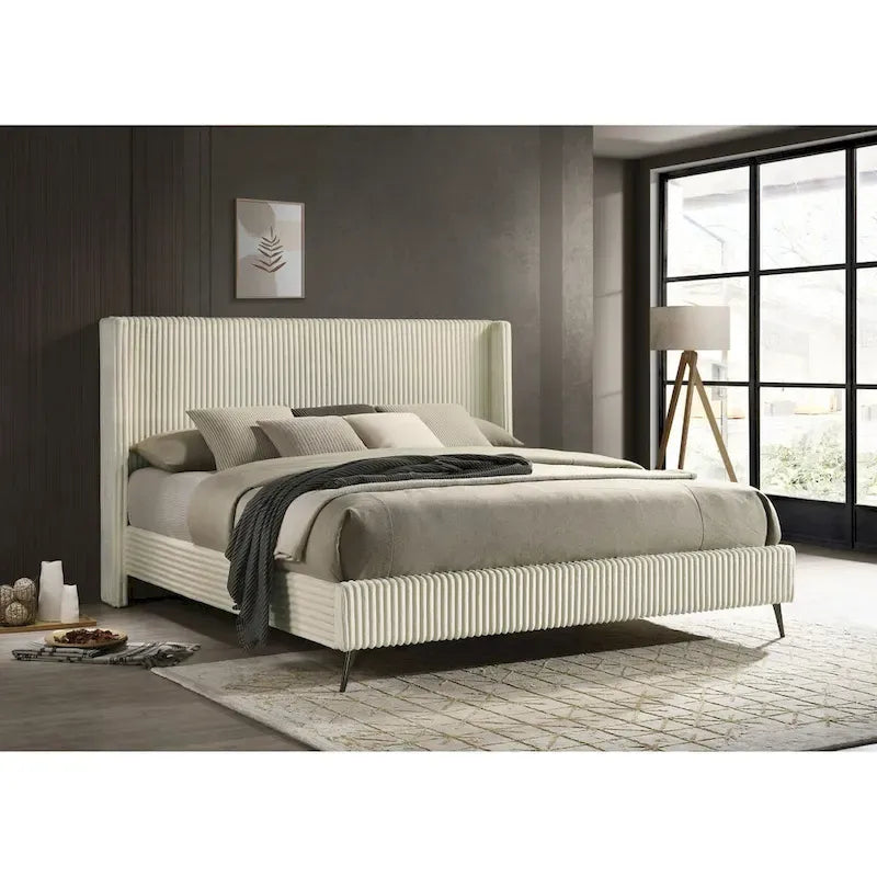Letto imbottito in velluto a coste grosse con 2 comodini e panca - Crema