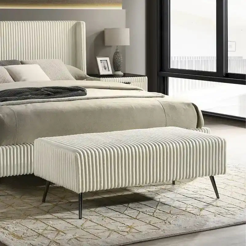 Letto imbottito in velluto a coste grosse con 2 comodini e panca - Crema