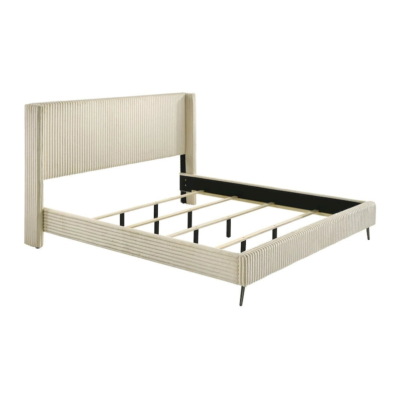 Letto imbottito in velluto a coste grosse con 2 comodini e panca - Crema