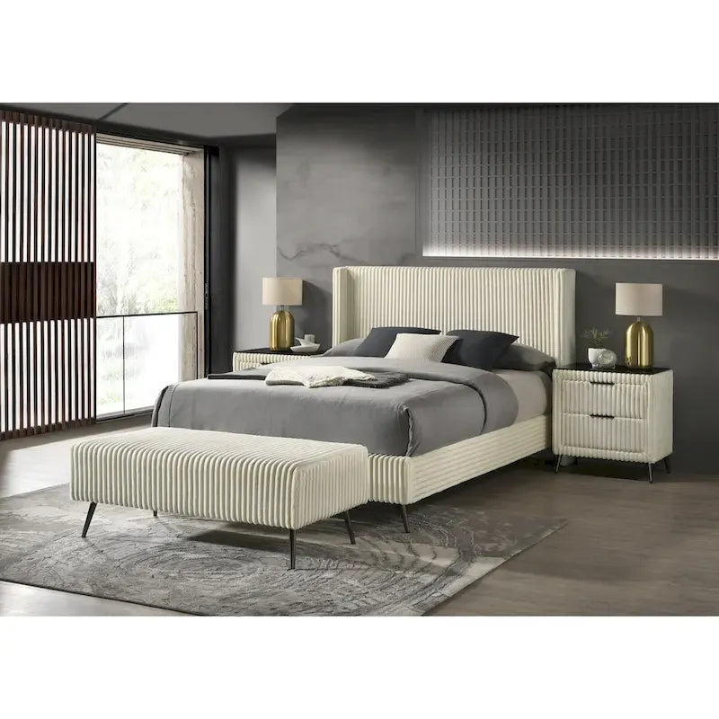 Letto imbottito in velluto a coste grosse con 2 comodini e panca - Crema