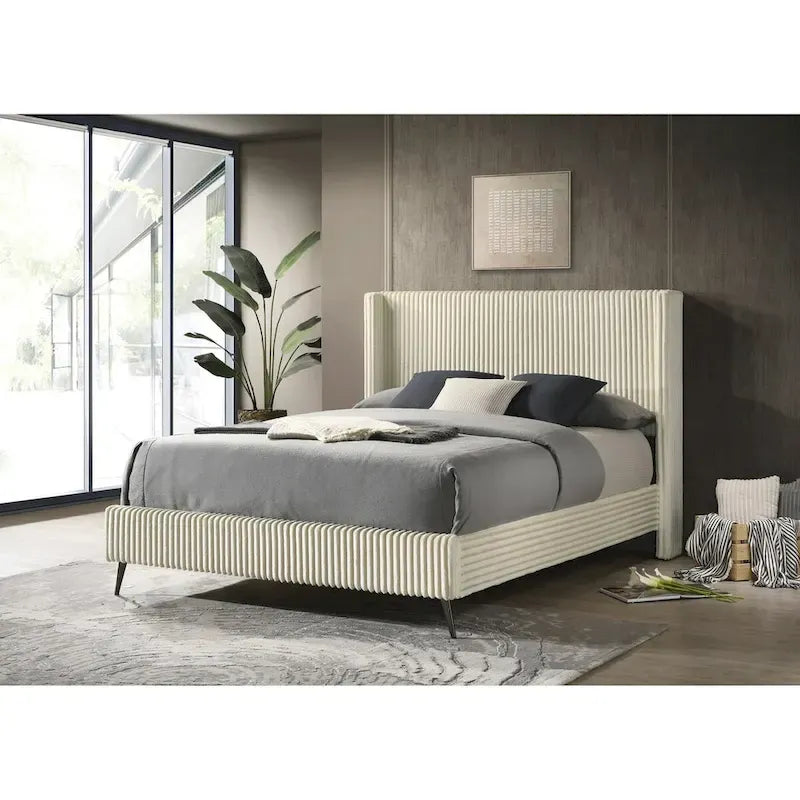 Letto imbottito in velluto a coste grosse con 2 comodini e panca - Crema