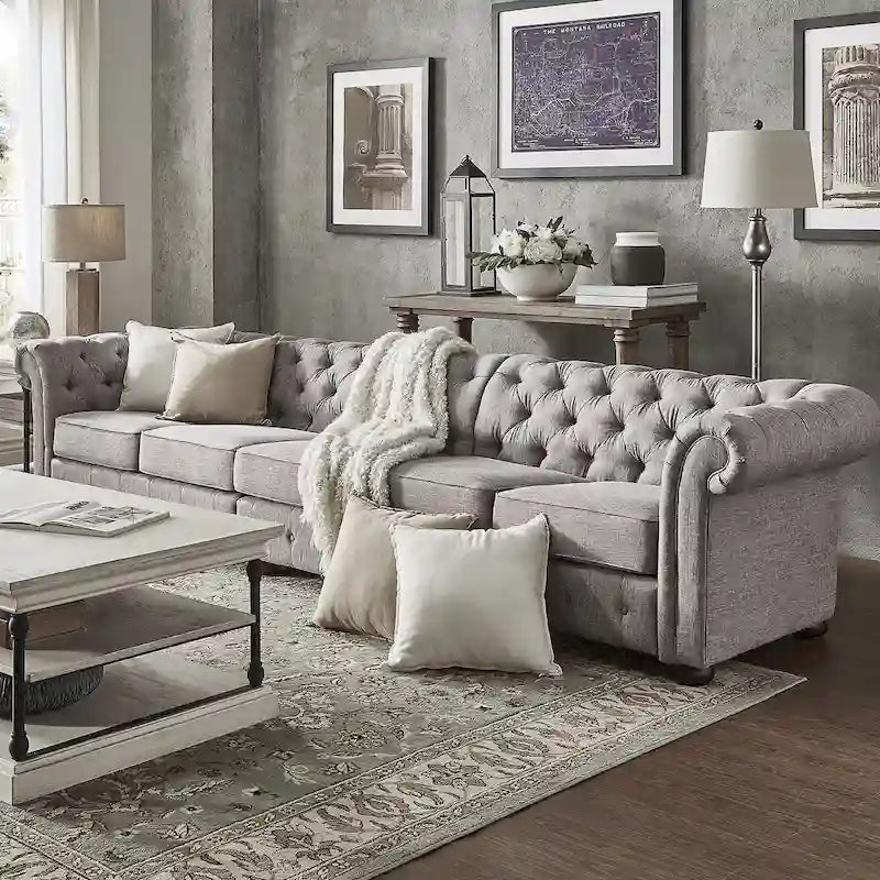 Divano Chesterfield Extra Lungo Grigio Chiaro
